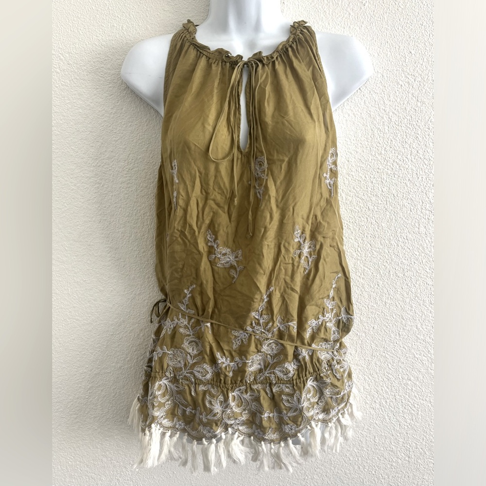David Meister Silk Embroidered Tassel Mock Neck Top